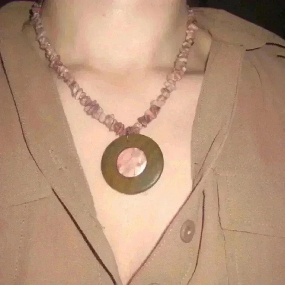 One Of A Kind Handmade Pink White Puka Shell Chip Bead Wood Necklace Made By Me! - Picture 6 of 12
